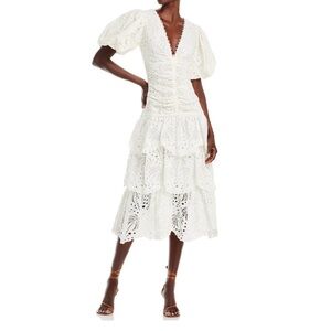 NEW FARM Rio White Eyelet Tiered Puff Sleeve Midi Dress Size XS
